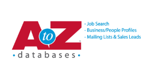 AtoZ databases logo with text about job search and business profiles.