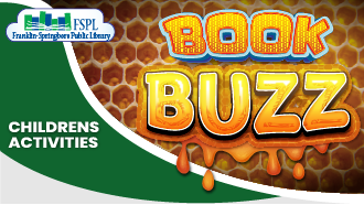 Library logo, green graphics, yellow and orange cartoon text with honeycomb background