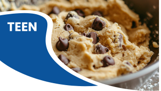 Close-up of chocolate chip cookie dough in a bowl with the word "TEEN" on a blue curve.