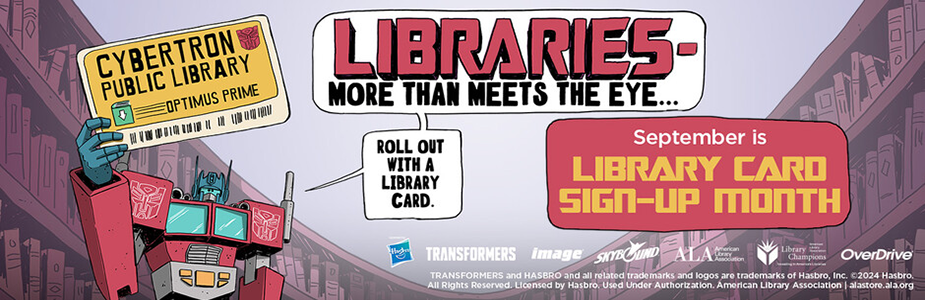 cartoon imagery with text for library card sign-up month