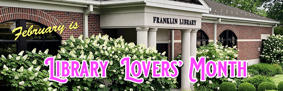 exterior shot of Franklin Public Library with pink text