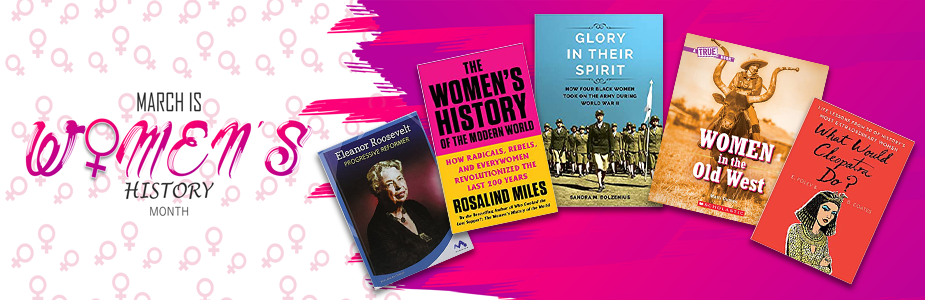 pink banner with five book covers featuring women's history titles