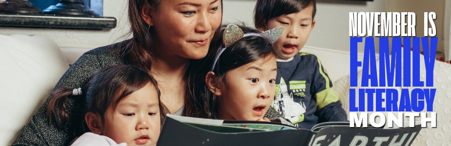 Woman reading with kids, blue text